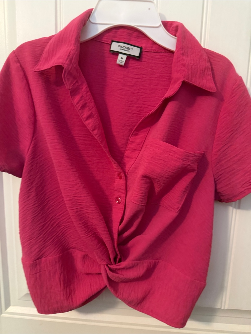 Discreet Fuchsia Tie-Front Short Sleeve Blouse
